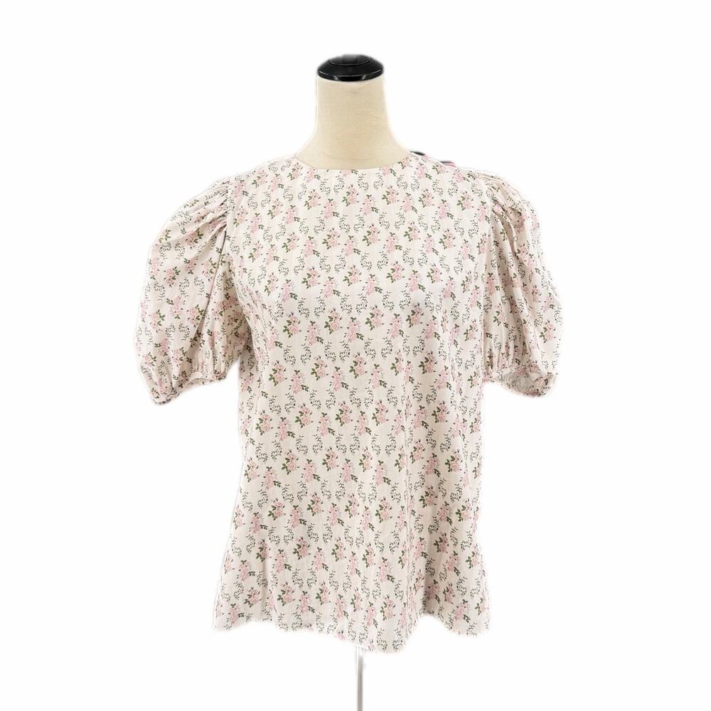 Dondolo Coquette White Pink Floral Velvet Bow Puff Sleeve 100% Cotton Blouse